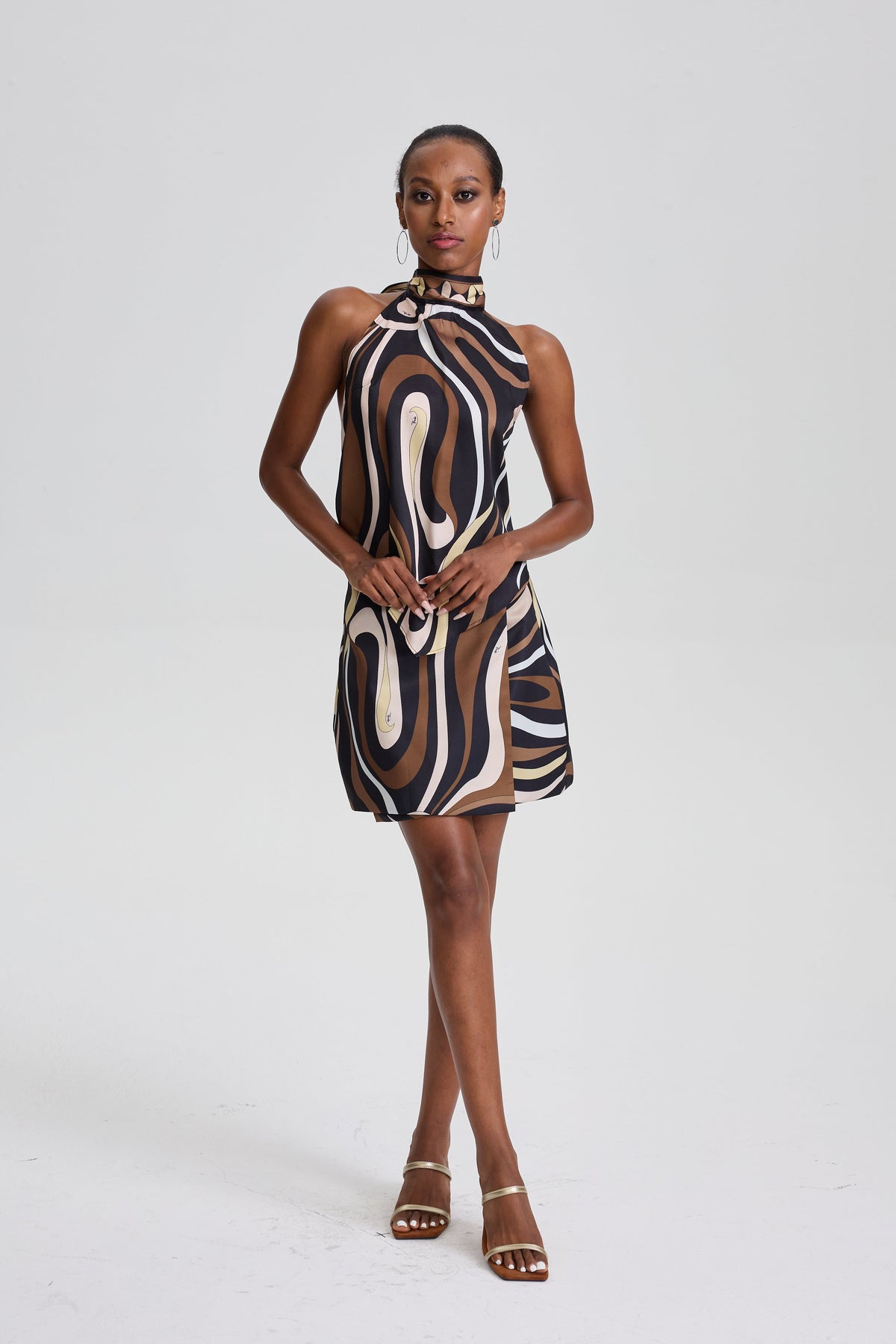 Elodie Abstract Swirl Print Halter Layered Mini Dress in Brown