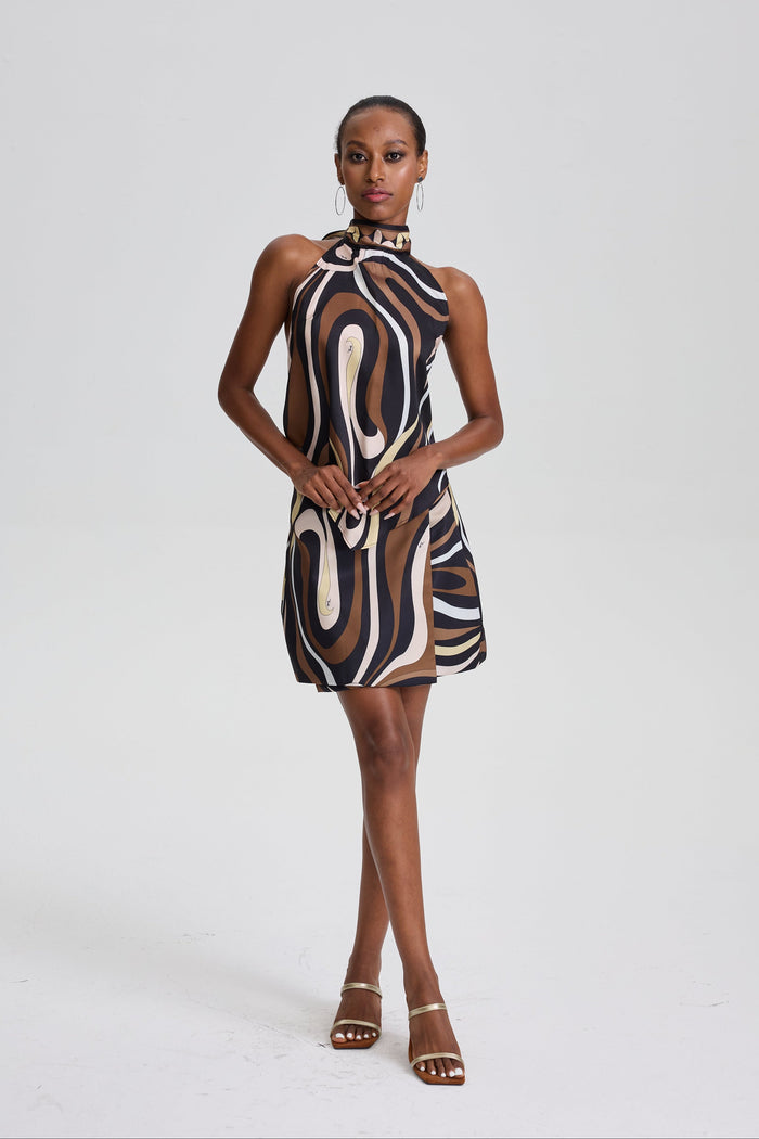 Elodie Abstract Swirl Print Halter Layered Mini Dress in Brown