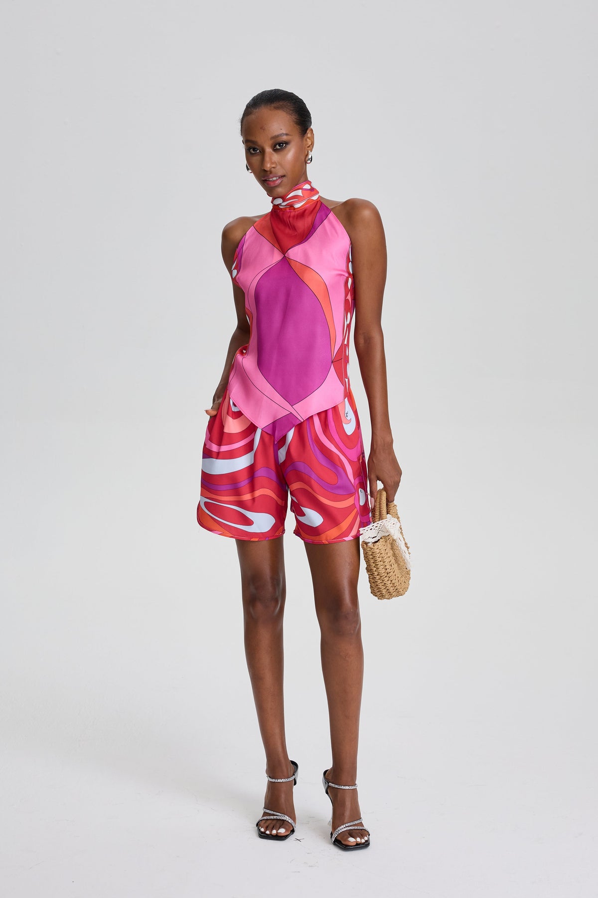 Livia Retro Abstract Print Halter Top & Pocket Short Set