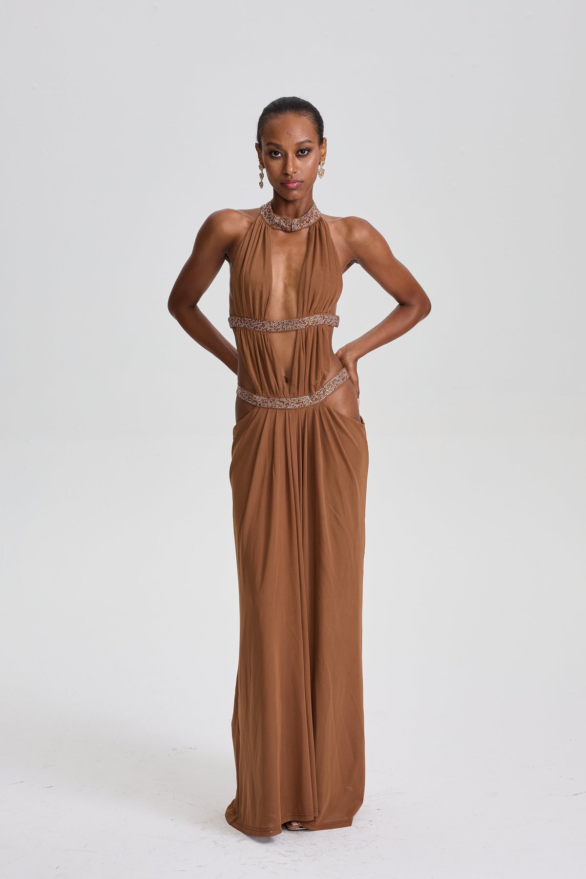 Parastoo Plunge Backless Cutout Maxi Dress In Brown