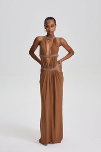 Parastoo Plunge Backless Cutout Maxi Dress In Brown
