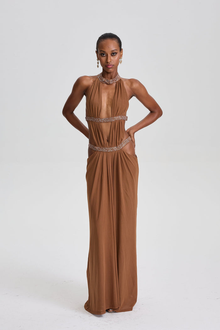 Parastoo Plunge Backless Cutout Maxi Dress In Brown
