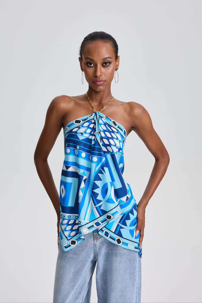 Bilun Geometric Print Tie Halter Scarf Wrap Cami Top in Blue