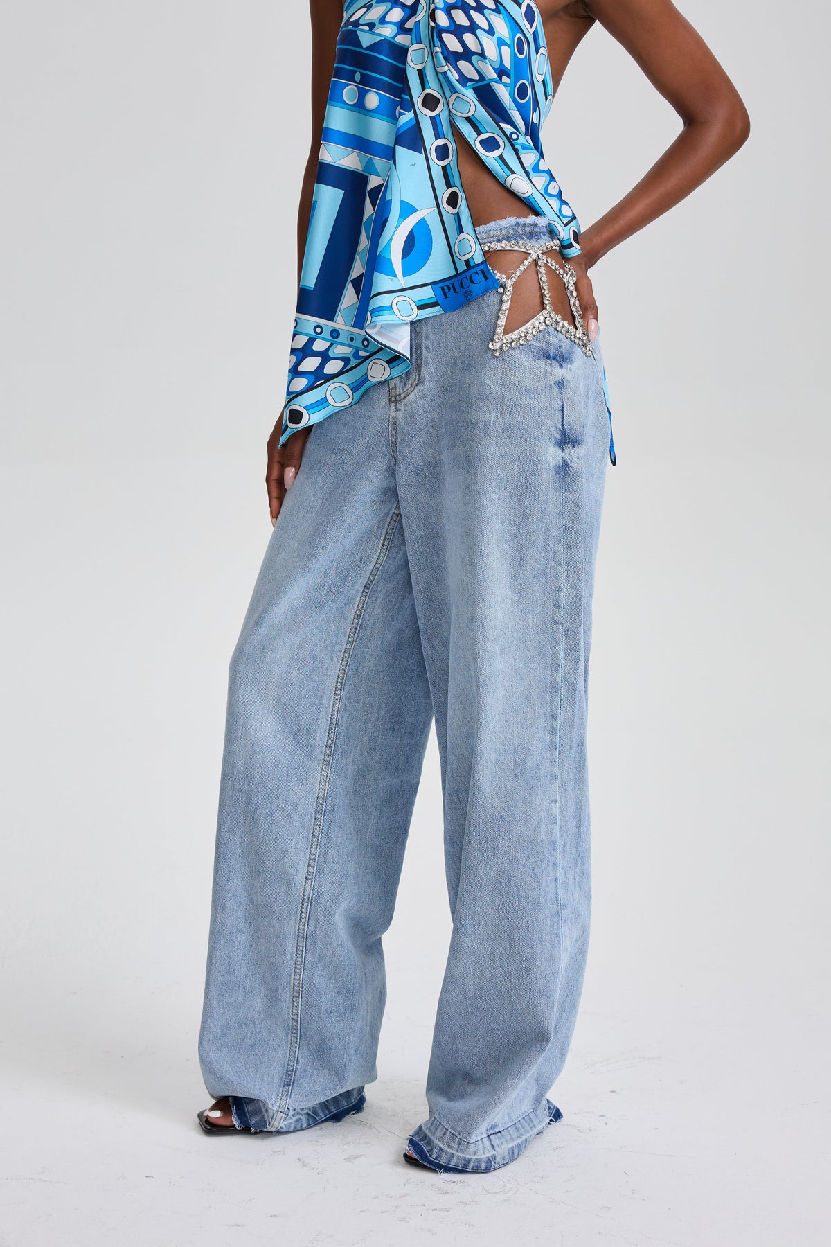 Ularsth Rhinestone Lace-Up Cutout Denim Pants