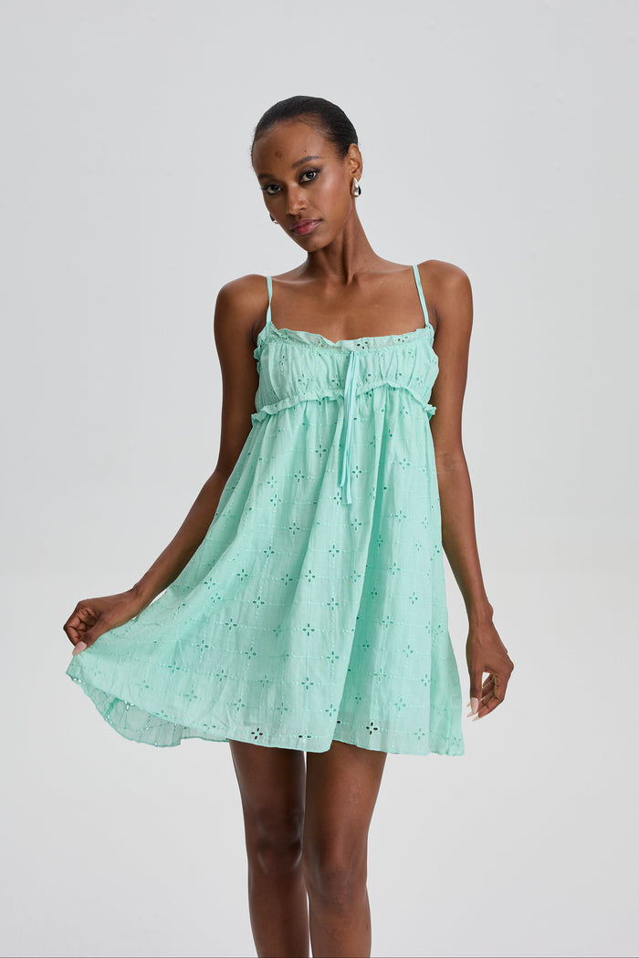 Lilou Spaghetti Strap Babydoll Mini Dress with Eyelet Embroidery