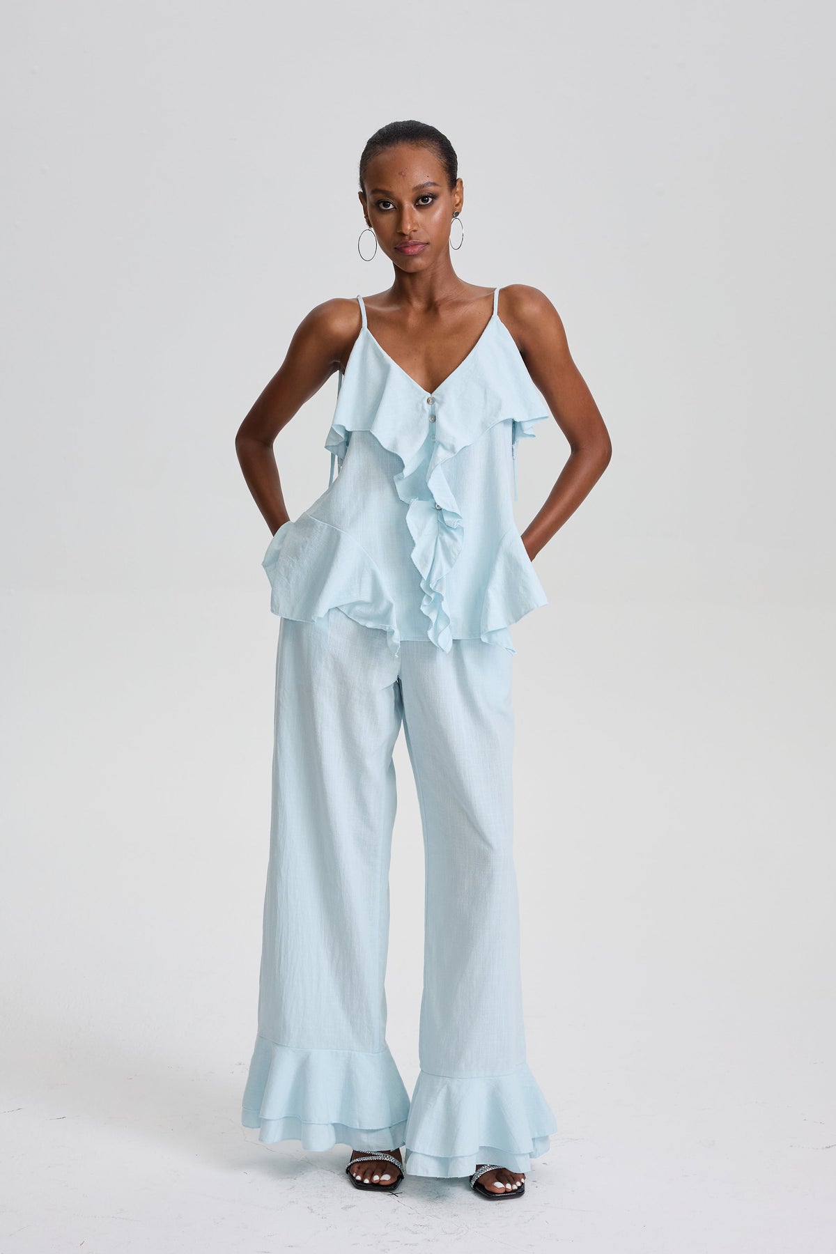 Cevher Ruffle Spaghetti Strap Top & Flared Pant Set