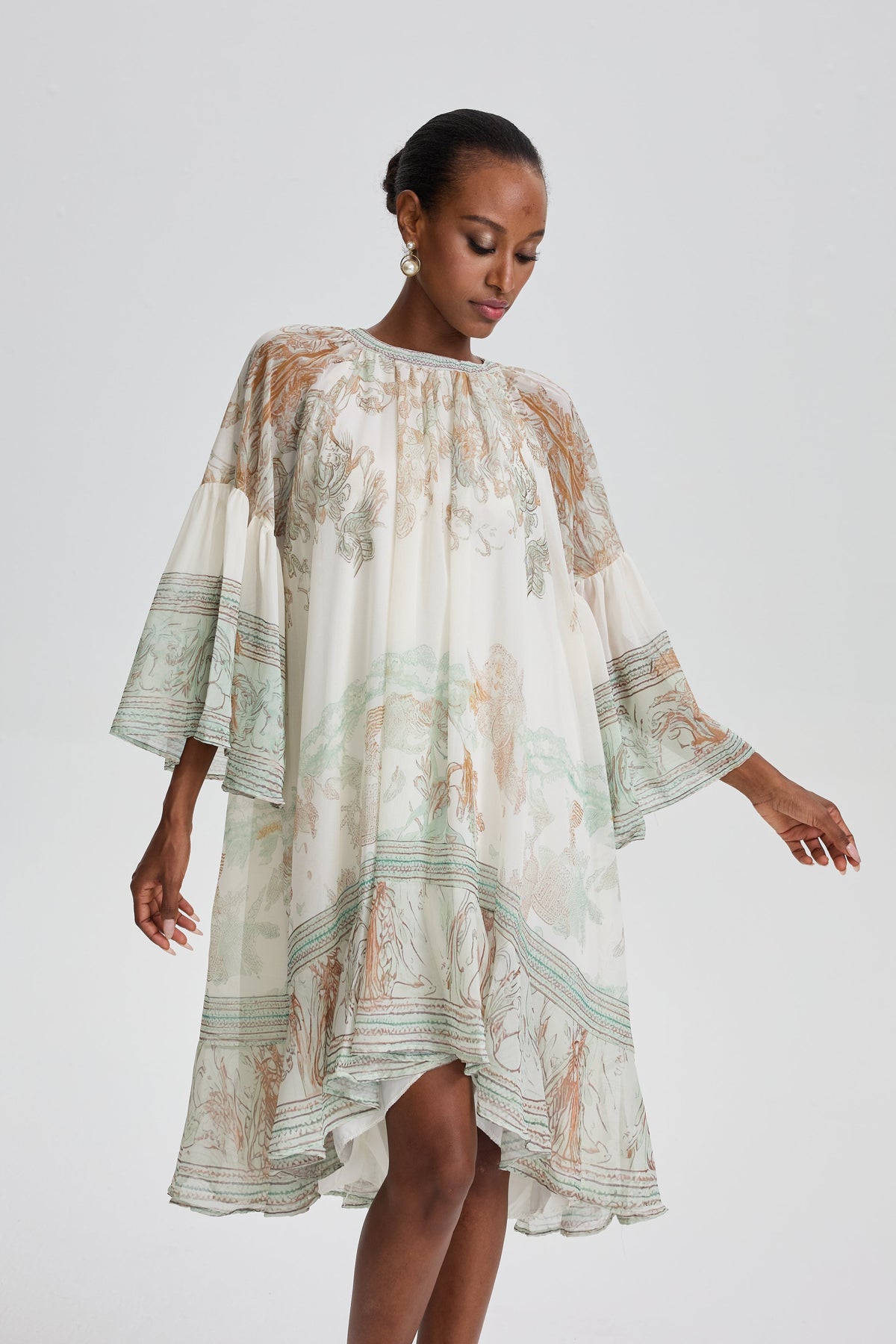 Siosi Bell Sleeve Print Ruffle Mini Dress