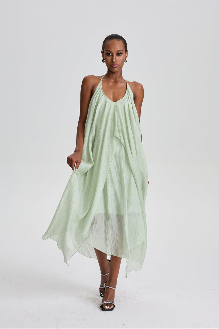 Feriha Halter V-Neck Oversized Wrap Midi Dress in Pale Sage Green