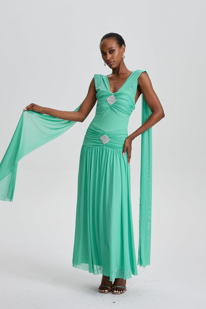 Beppe V-Neck Ruched Maxi Dress with Rhinestone Decor