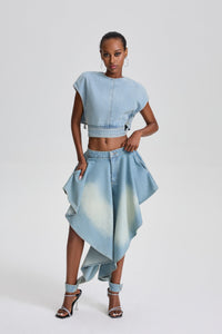 Edita Denim Crop Top& Irregular Asymmetrical Flare Skirt Set