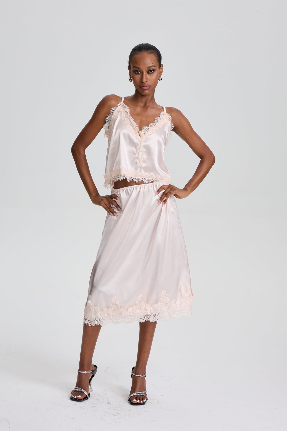 Belinda Floral Lace Trim Cami Midi Skirt Set