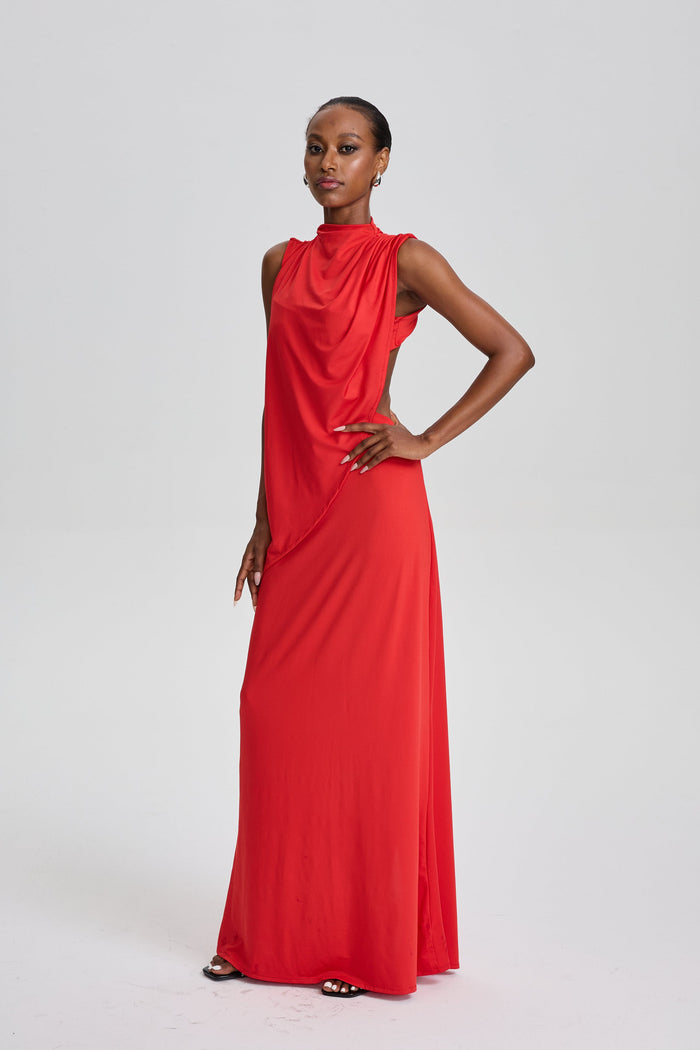 Zylah Vibrant Sleeveless Draped High Neck Maxi Dress