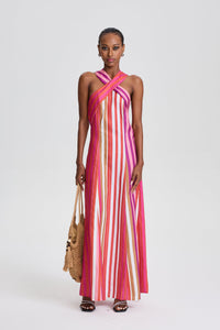 Brigitte Striped Cross Halter Maxi Dress