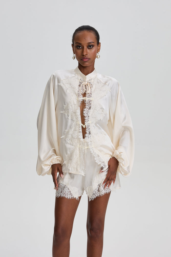 Ampary Satin Lace Oriental Two-Piece Short Set