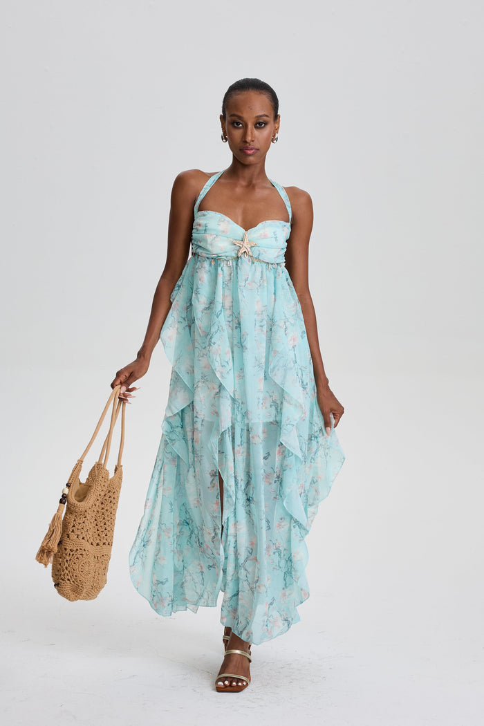 Damaris Floral Halter Maxi Dress with Starfish Ornament