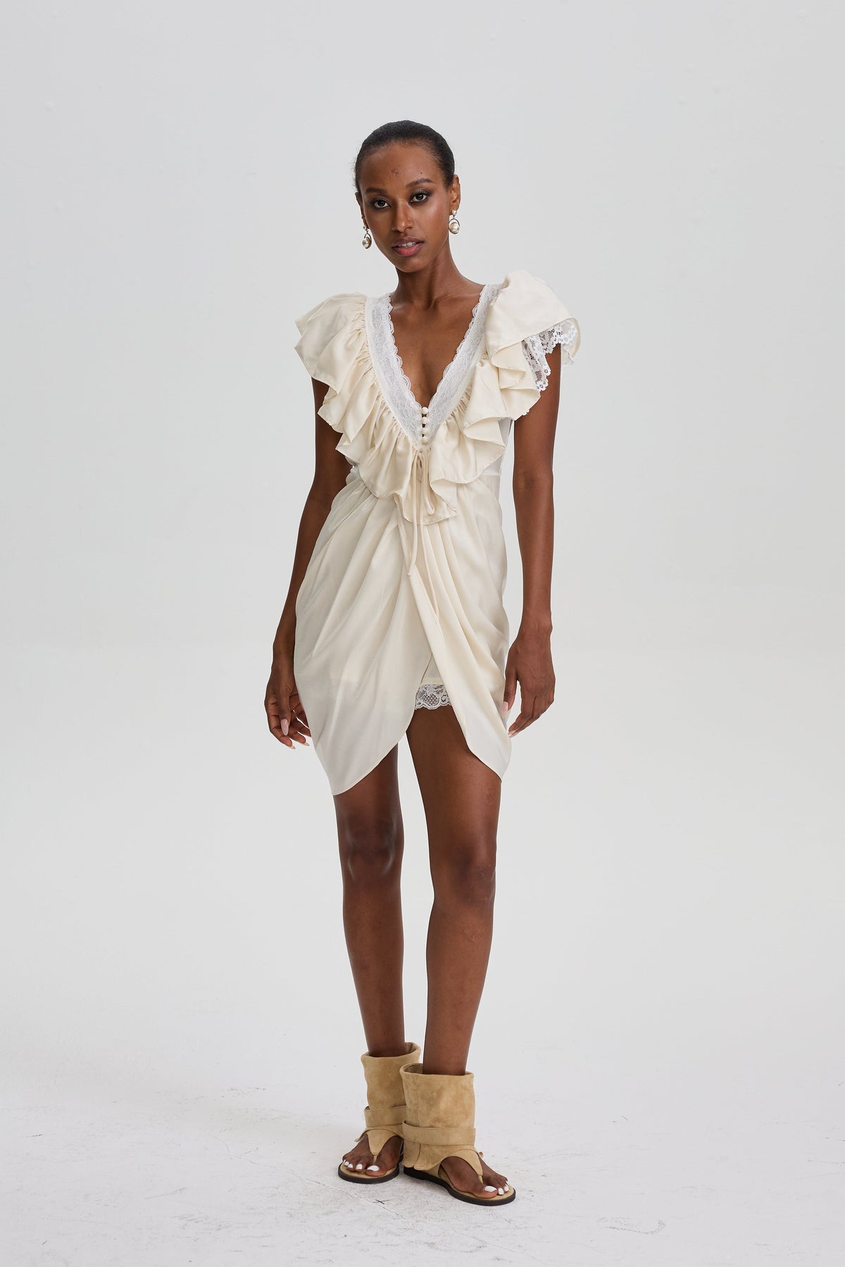 Carlotta Cream Plunge Neck Satin Jumpsuit with Lace Panels