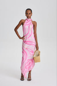 Cassandre Retro Swirl Print Halter Open Back Midi Scarf Dress