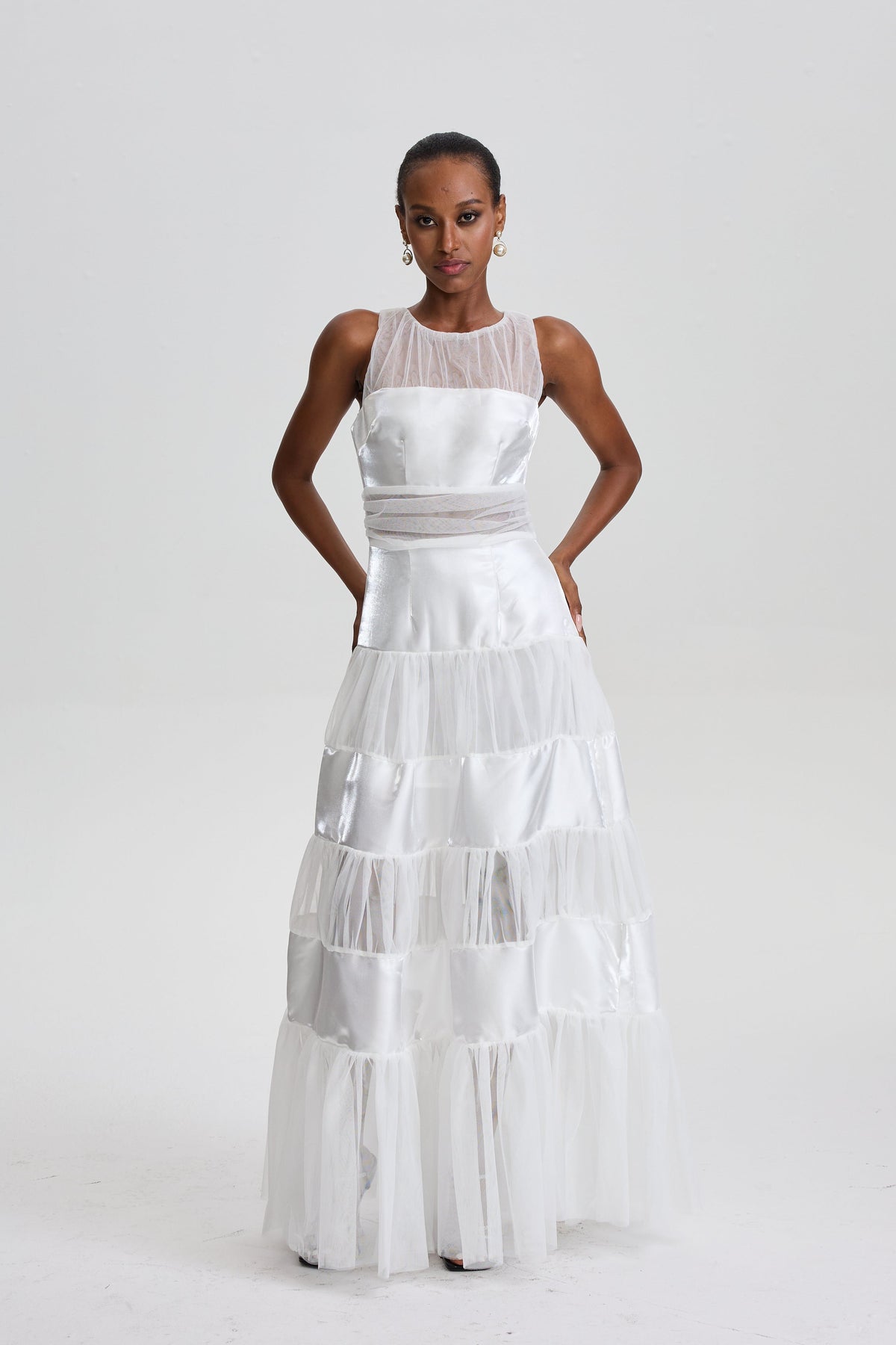 Patricie Sleeveless Mesh Panel Tiered Maxi Dress
