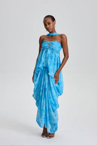 Iphigenia Floral Strapless Ruffled Maxi Dress with Star Rhinestone Deco