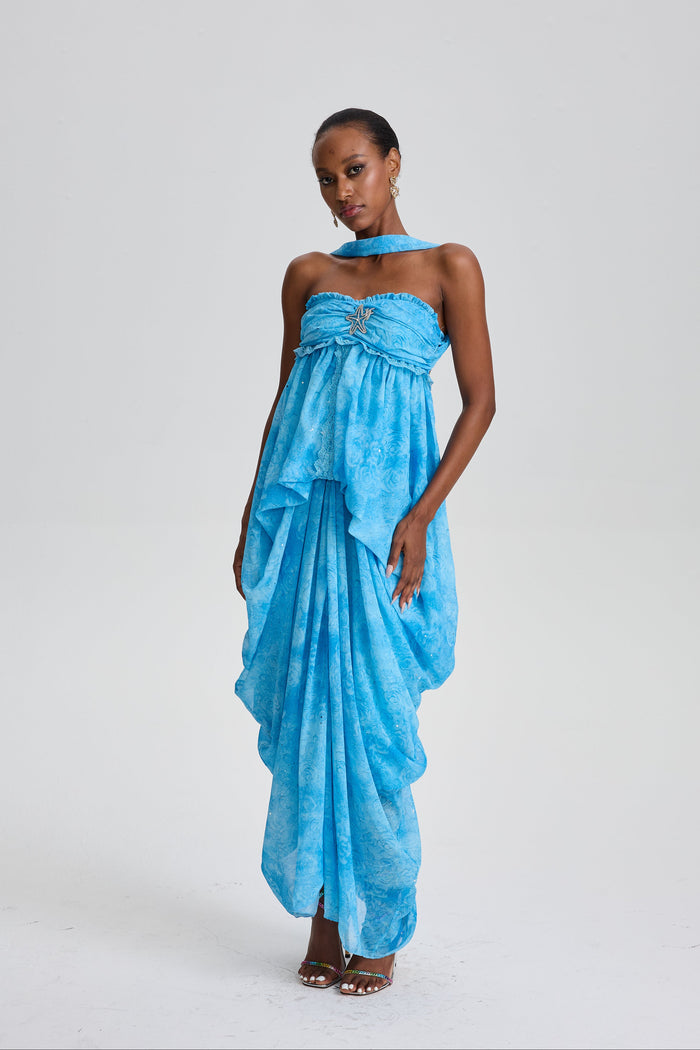 Iphigenia Floral Strapless Ruffled Maxi Dress with Star Rhinestone Deco