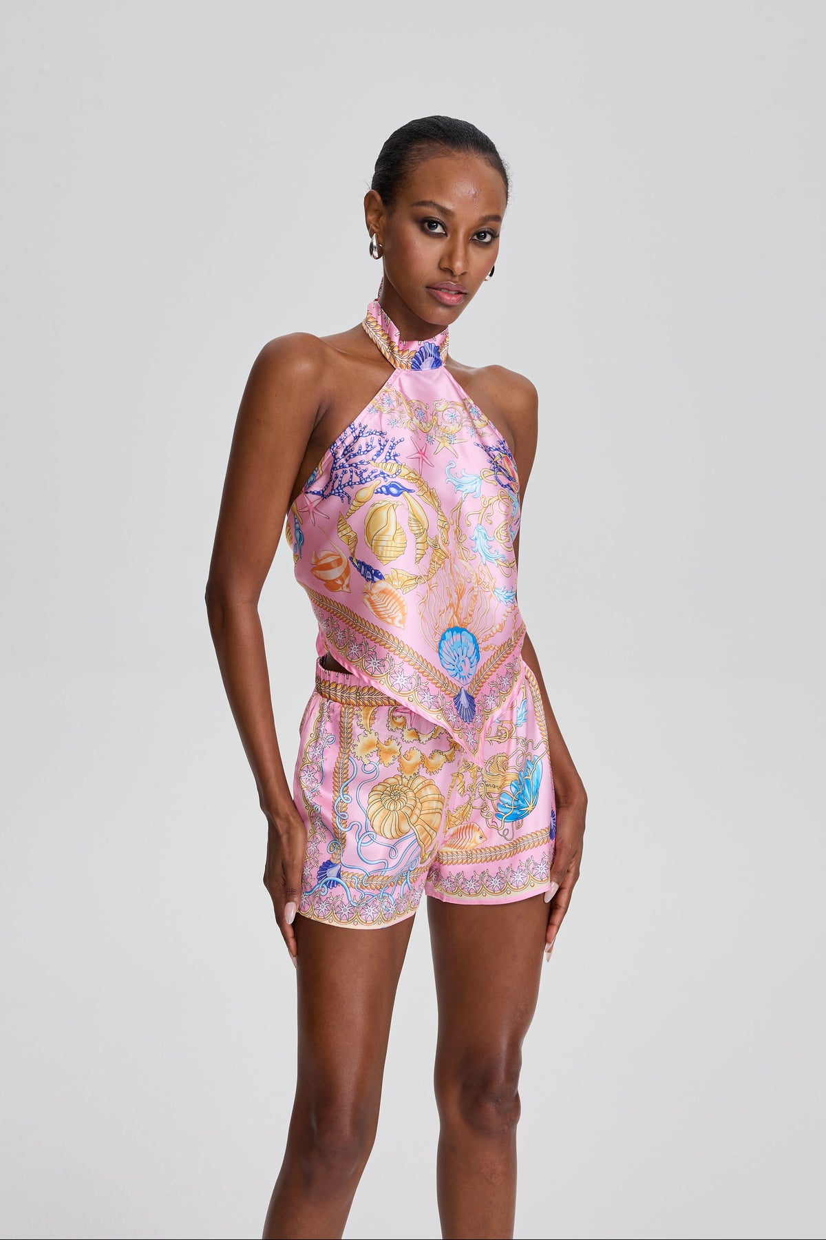 Simran Ocean Shell Print Halter Neck Scarf Top & Short Set in Pink