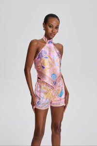 Simran Ocean Shell Print Halter Neck Scarf Top & Short Set in Pink
