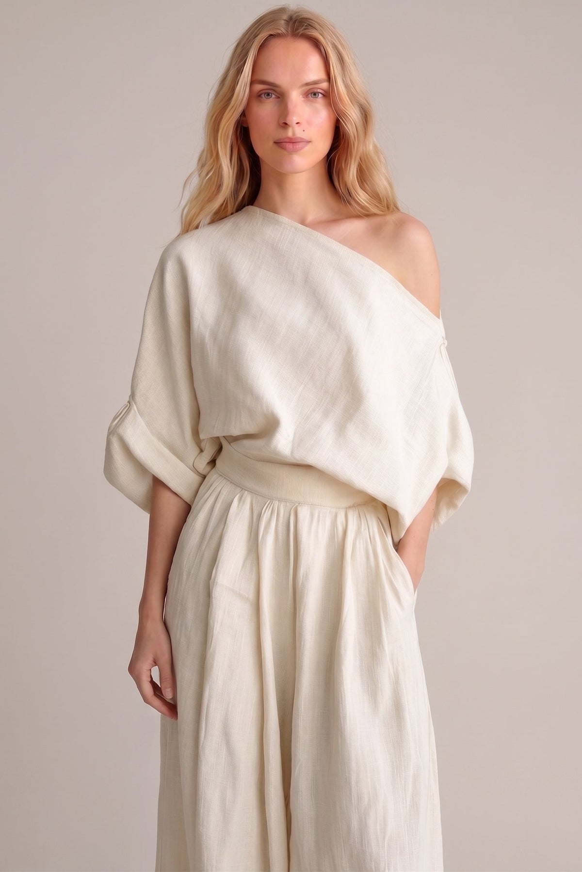 Plaest Linen One-Shoulder Pants Set