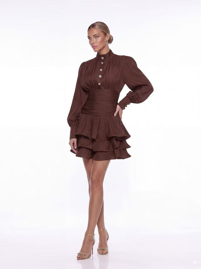 Cyrielle Long Sleeve Mini Dress With Tiered Ruffle Skirt - Champagne