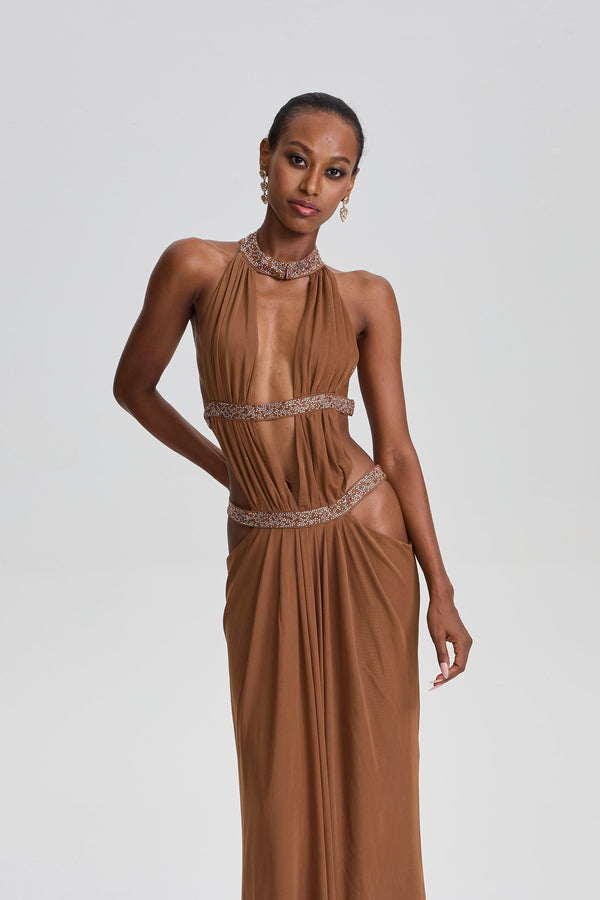 Parastoo Plunge Backless Cutout Maxi Dress In Brown