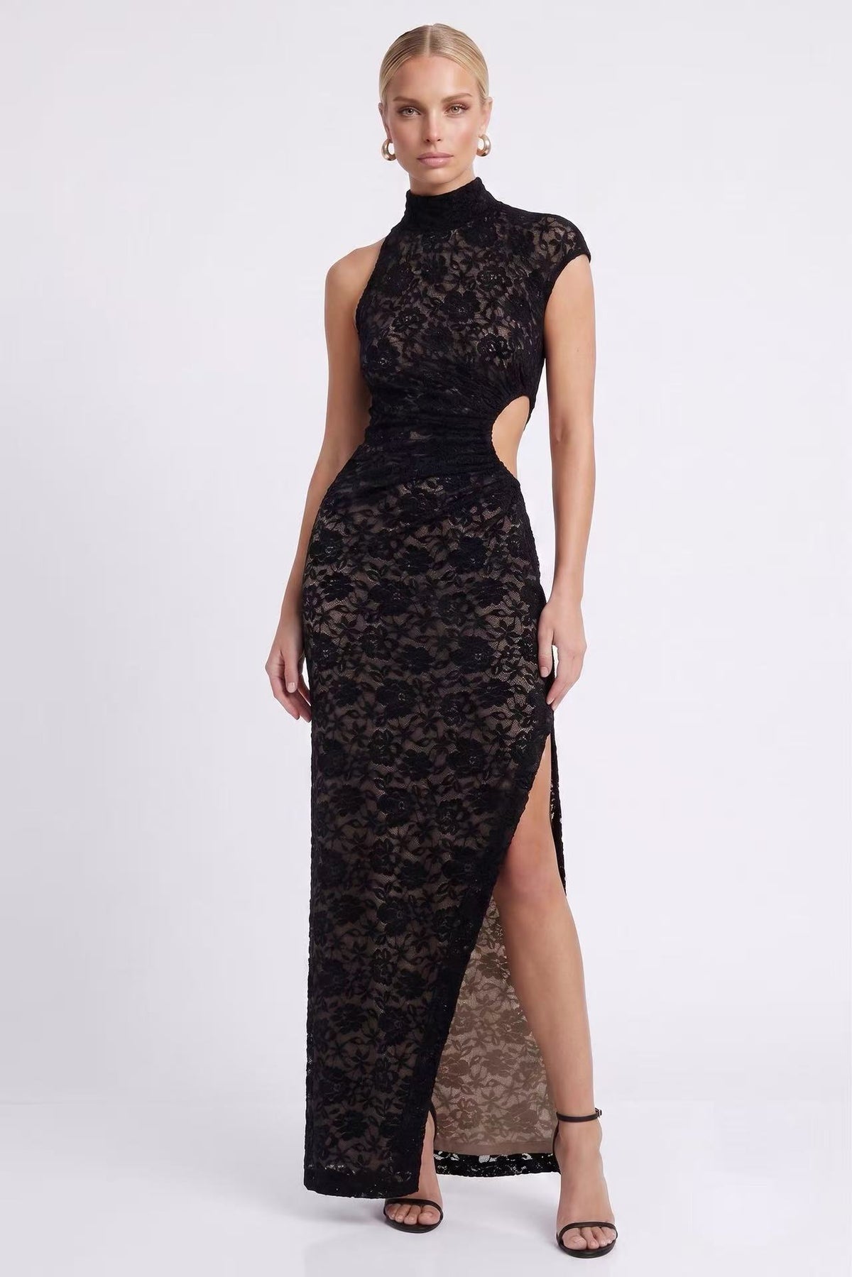 Niihai Floral Lace High Neck Side Cutout Maxi Dress