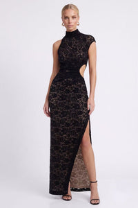 Niihai Floral Lace High Neck Side Cutout Maxi Dress