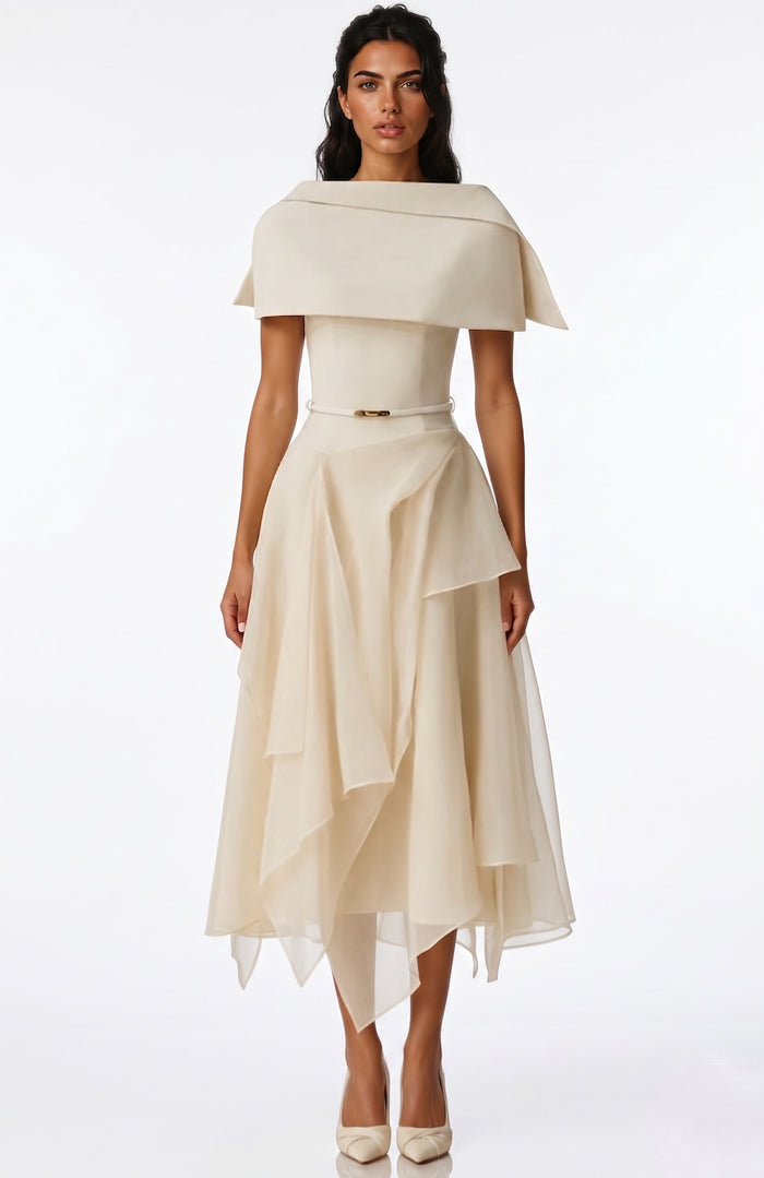 Inga White Asymmetrical Shawl & Tulle Panel Dress Set