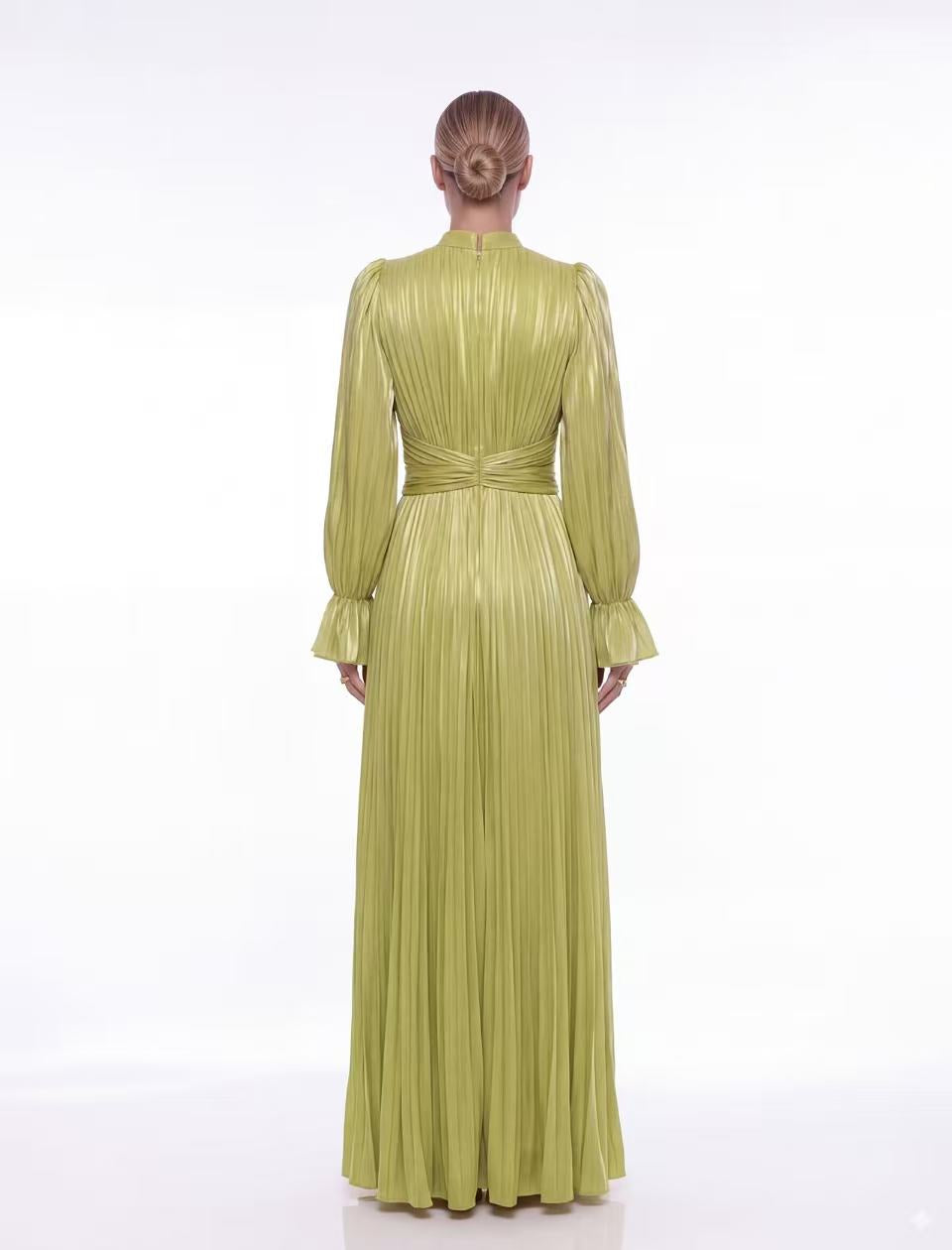Hustine  Shimmer Lime Pleated Maxi Dress