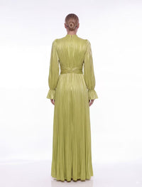 Hustine  Shimmer Lime Pleated Maxi Dress