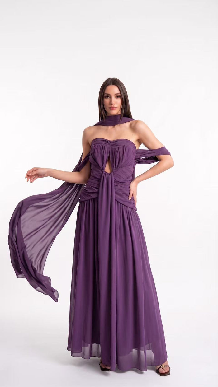 Amélie Off Shoulder Ruch Scarf Maxi Dress In Purple