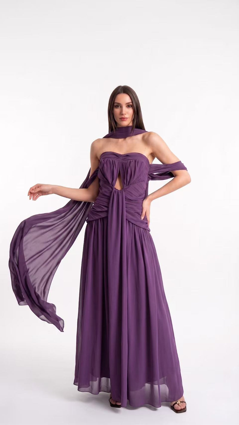 Amélie Off-Shoulder Ruch Scarf Maxi Dress In Purple – Feysis