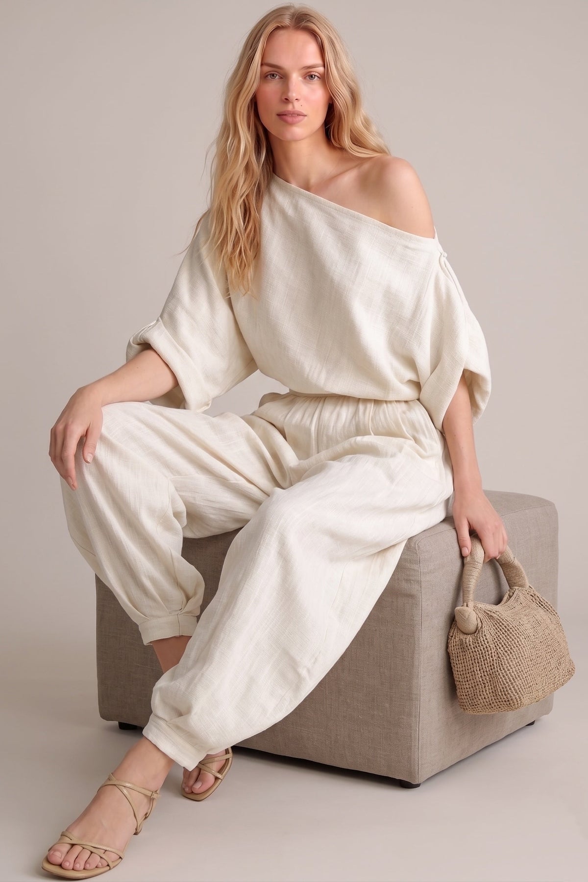 Plaest Linen One-Shoulder Pants Set