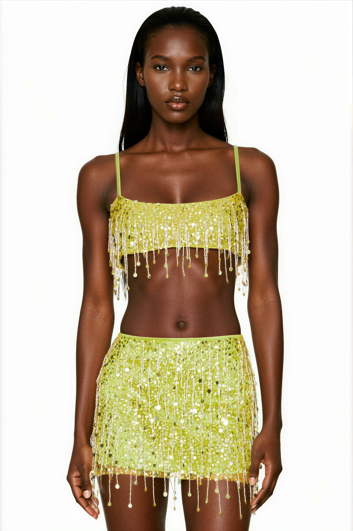 Christen Crystal Chain Fringe Split Skirt Set In Green