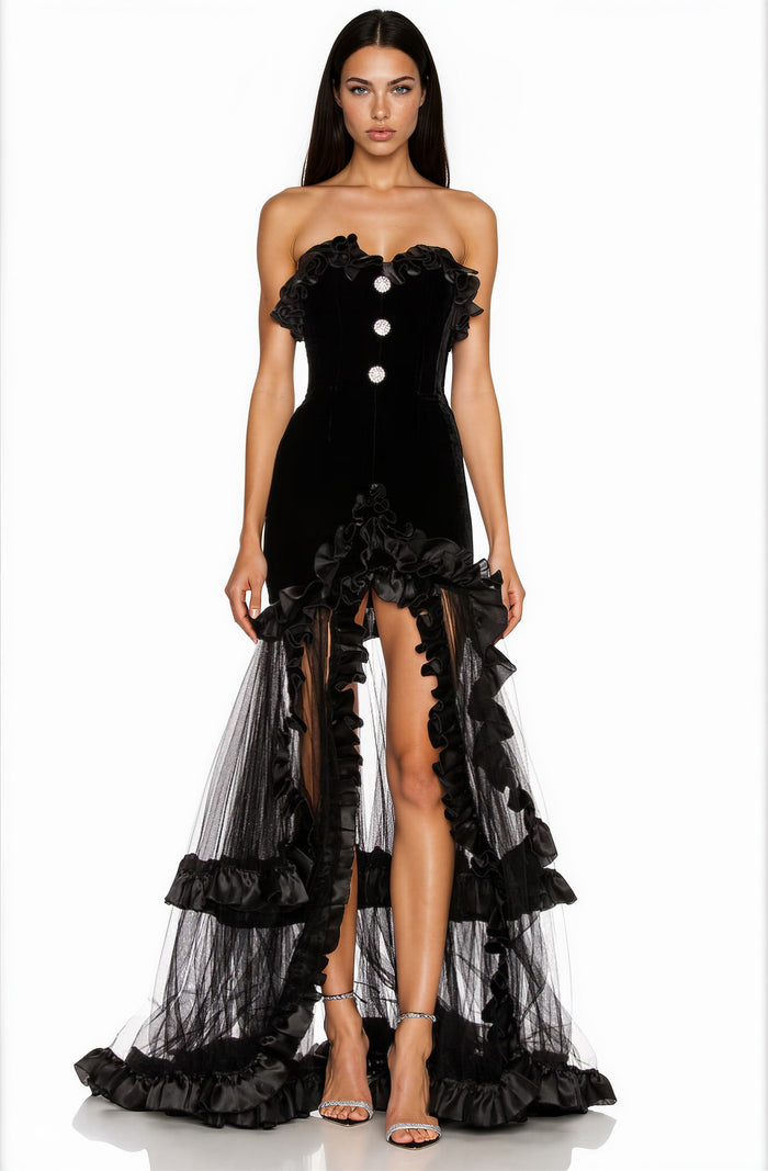 Audrey Ruffle Strapless Mesh Maxi Dress