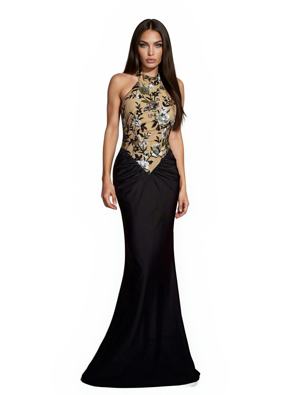 Arabell Halterneck Flower Embroidered Maxi Dress
