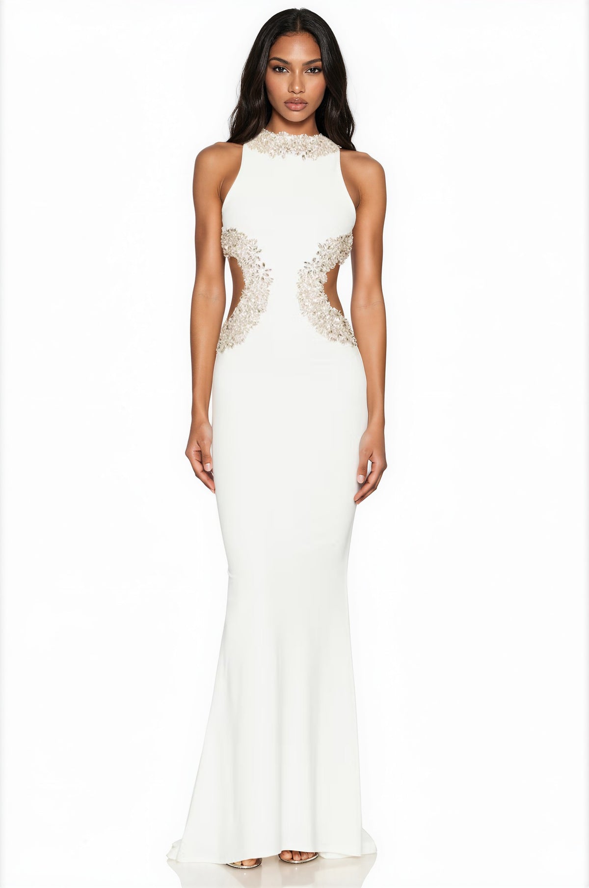 Yolita Sleeveless Cutout Crystal Maxi Dress In White