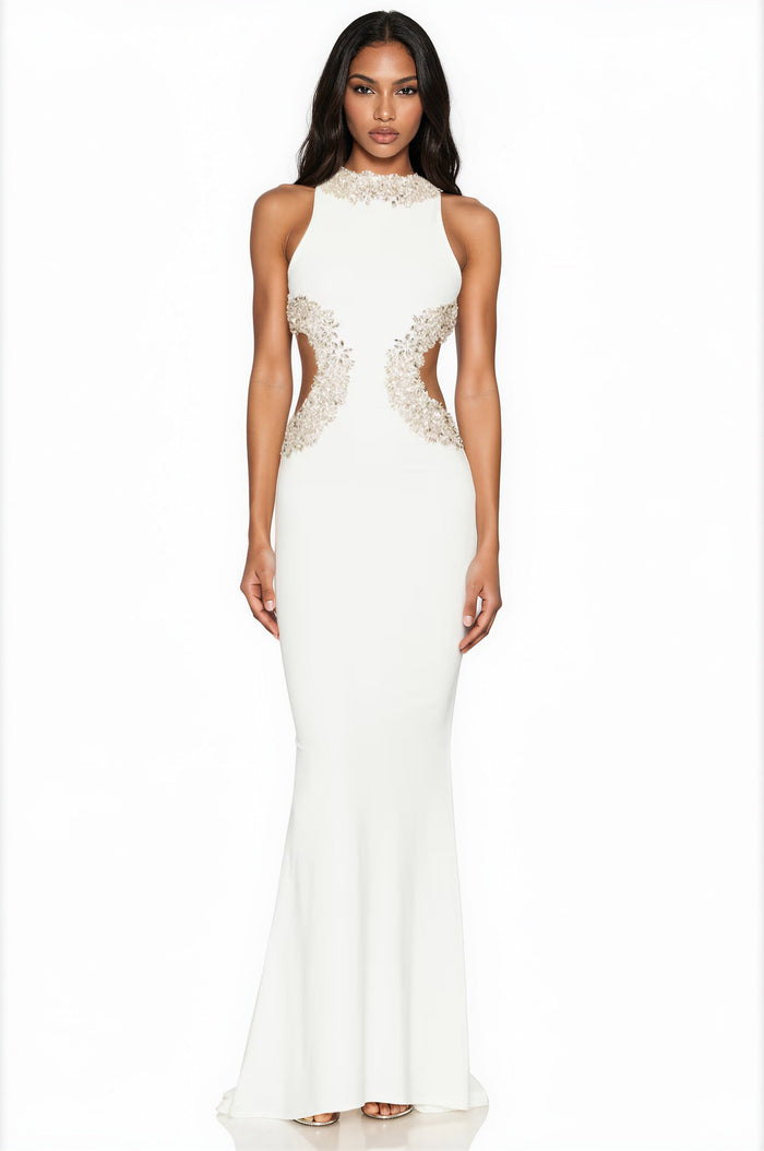Yolita Sleeveless Cutout Crystal Maxi Dress In White