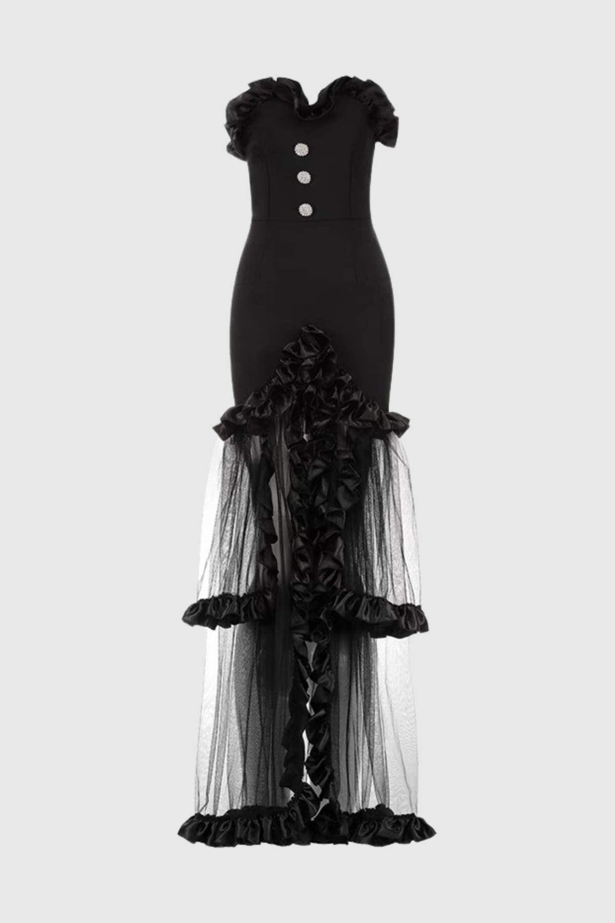 Audrey Ruffle Strapless Mesh Maxi Dress