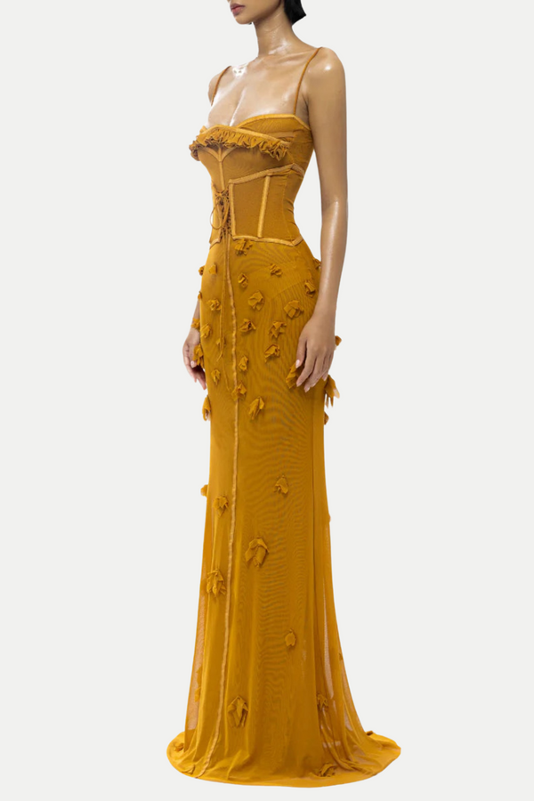 Ceslee Floral Corset Mesh Maxi Dress
