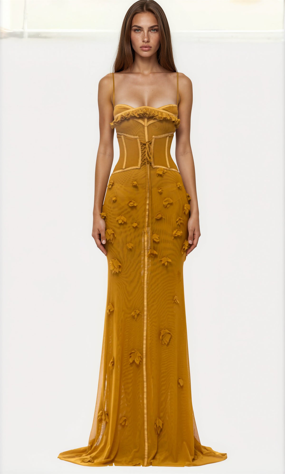 Ceslee Floral Corset Mesh Maxi Dress