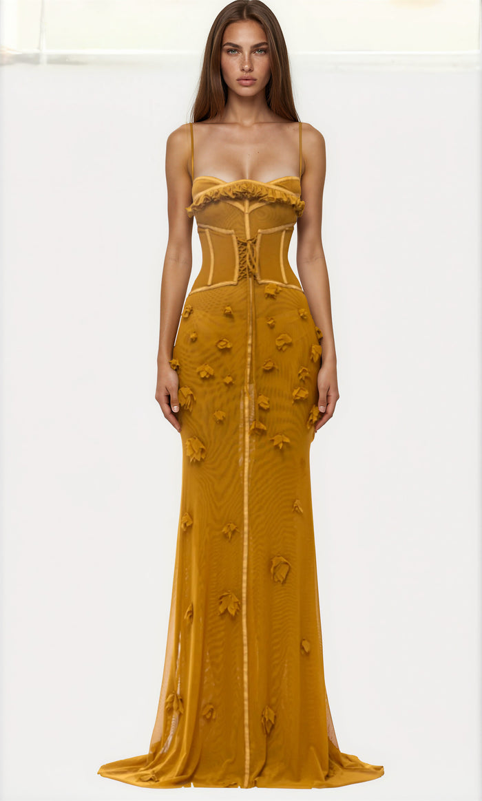 Ceslee Floral Corset Mesh Maxi Dress