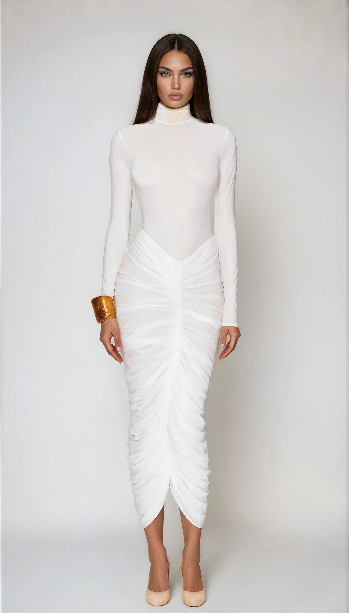Wace High Neck Ruch Midi Dress