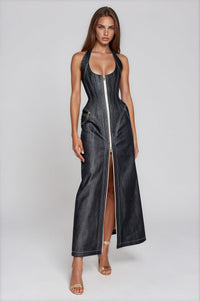 Bidelia Halter Neck Corset Denim Maxi Dress