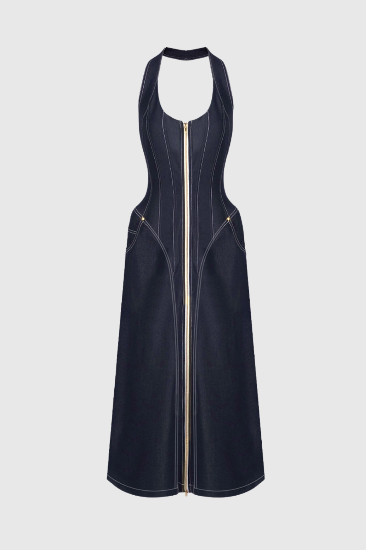 Bidelia Halter Neck Corset Denim Maxi Dress