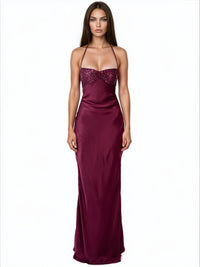 Dozen Halter Neck Sequin Satin Maxi Dress In Purple